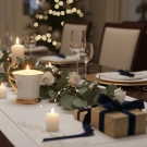 Bougie tasse Royale, décor de table de fêtes, cadeau ruban bleu