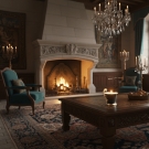 Bougie tasse Royale, ambiance château luxe, foyer de cheminée