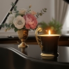 Bougie tasse Royale, ambiance piano, fleurs roses et blanches