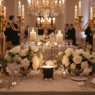 Bougie tasse Royale, décor de table de luxe, or et fleurs blanches