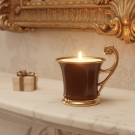 Bougie tasse Royale Porcelaine, détail sur cheminée marbre