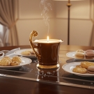 Bougie tasse Royale, ambiance goûter de luxe et pâtisseries