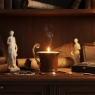 Bougie tasse Royale, ambiance cabinet curiosité, statues et parchemins