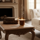 Bougie tasse Royale, ambiance table sculptée, livres ancien