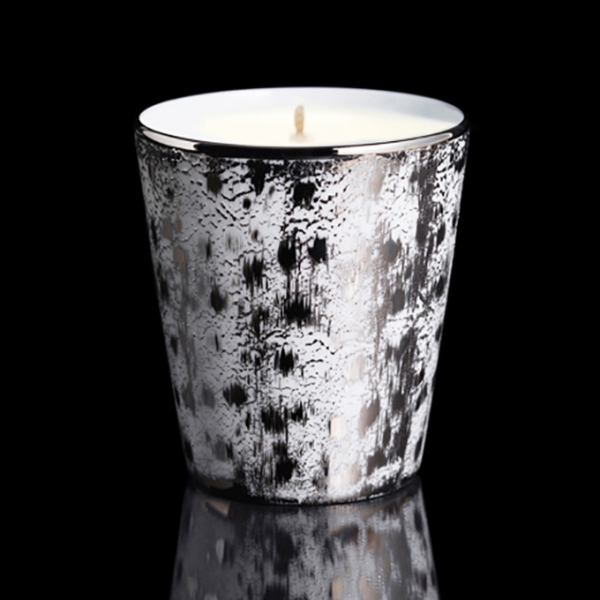 Pot à bougie luxe Porcelaine de Limoges, Sahara blanc et platine, effet craquelé