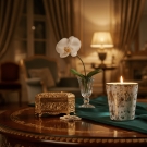 Bougie luxe Porcelaine blanc et or allumée, décoration de salon ambiance classique chic