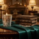Bougie luxe Sahara blanc et or allumée, décoration chic avec livres anciens