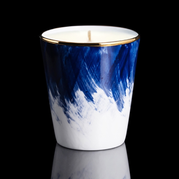 Bougie Petra Bleu Limoges, filet d'or, décorée main