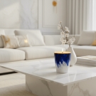 Bougie Petra Bleu Limoges or ambiance salon design table marbre blanc