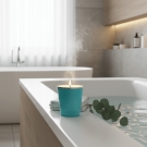 Pot à bougie allumé, Turquoise, ambiance bain et relaxation