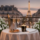 Pot à bougie Fleur de Lys sur balcon parisien, vue Tour Eiffel romantique