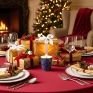 Mille et Une Nuits, décor de table de Noël, cadeaux or, nappe rouge