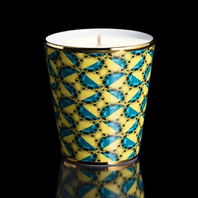 Pot à bougie porcelaine Amazonia Limoges, décor jaune et turquoise