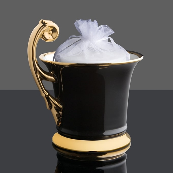 Bougie de luxe tasse royale porcelaine, noire, anse or brillant