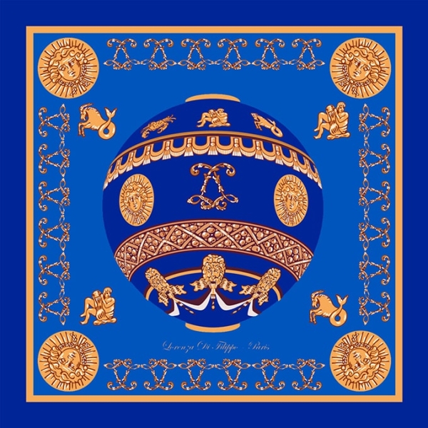 Carré de soie La Montgolfière Bleue et or 100 % soie, motif royal