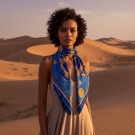 Carré de soie La Montgolfière Bleue, modèle de face, ambiance désert