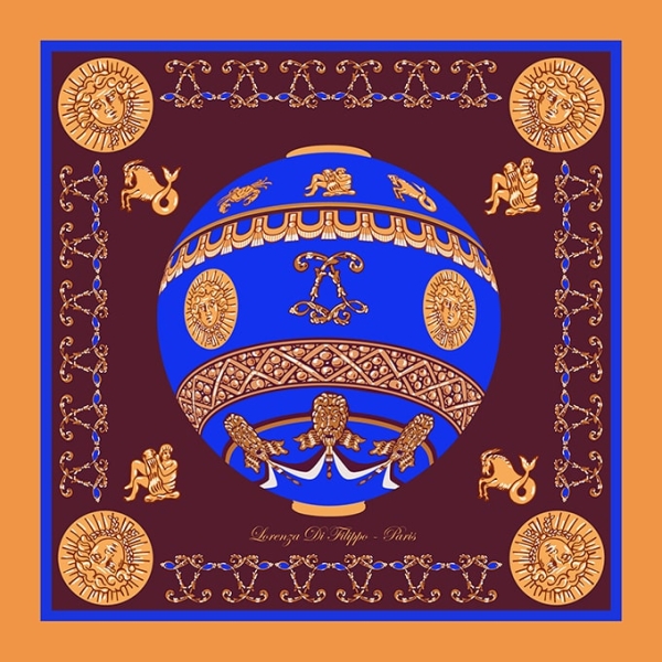 Carré de soie La Montgolfière Marron et or 100 % soie, motif royal