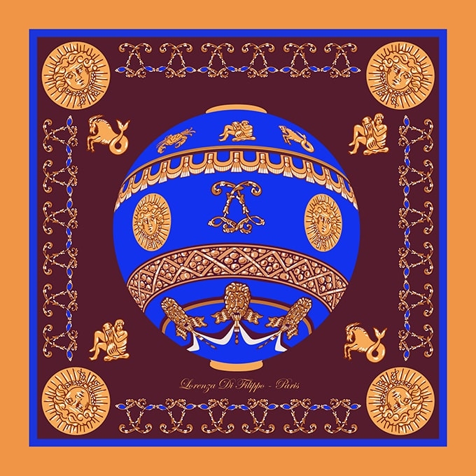 Carré de soie La Montgolfière Marron et or 100 % soie, motif royal