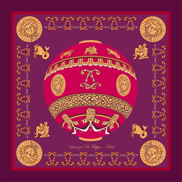 Carré de soie La Montgolfière Rose et or 100 % soie, motif royal