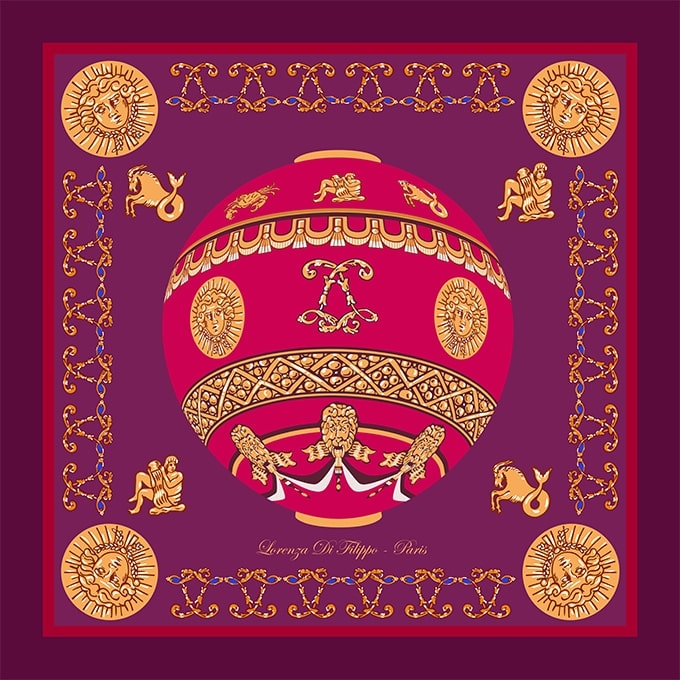 Carré de soie La Montgolfière Rose et or 100 % soie, motif royal