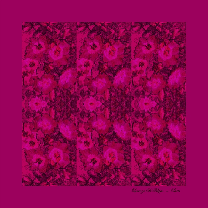 Carré de soie Maui 100 % soie, motif floral rose et pourpre