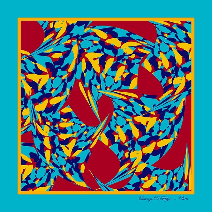 Carré de soie Anamélia 100 % soie, motif abstrait turquoise et jaune