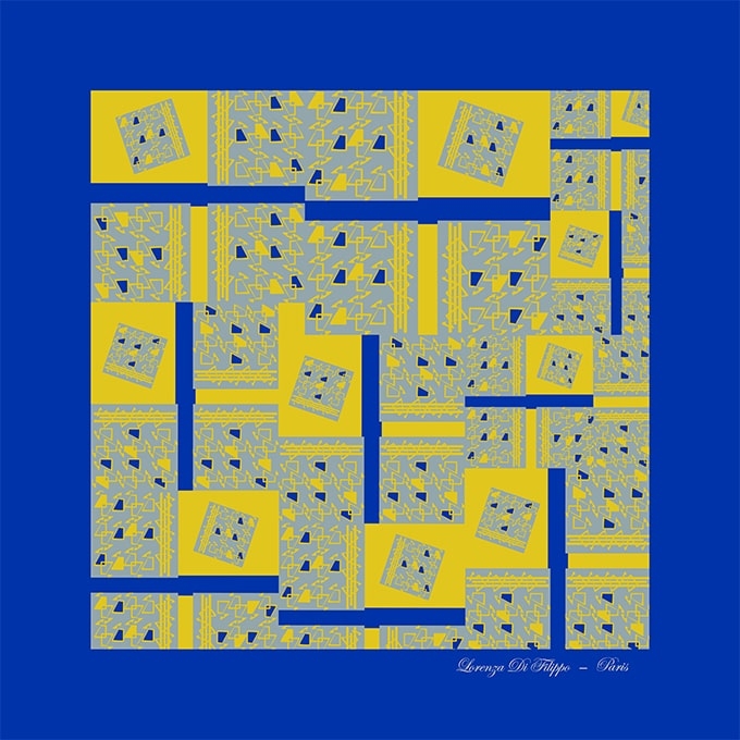 Carré de soie Anissa 100 % soie, motif graphique bleu majorelle et jaune