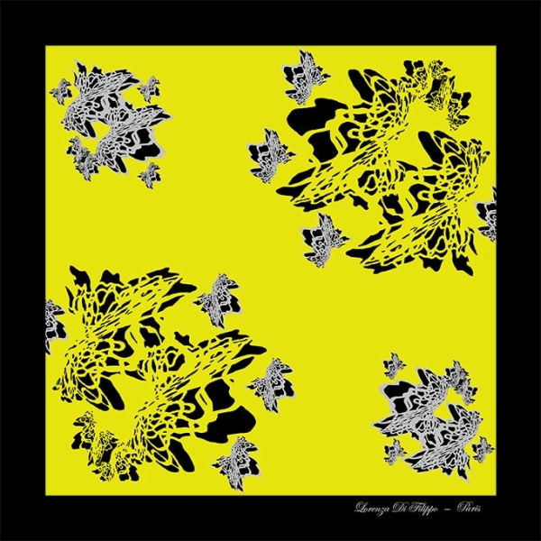 Carré de soie Krystal Jaune 100 % soie, motif graphique noir