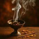 Fumée d’encens dans une coupelle, note résineuse profonde de la bougie parfumée Pygmalion