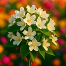 Bouquet de fleurs blanches de jasmin baigné de lumière, évoquant une note florale raffinée dans la bougie L’Orientale Épicée