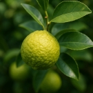Fruit de bergamote vert sur sa branche illustrant la note de tête de la recharge de bougie Lumières Javanaises
