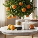 Recharge de bougie Escapade Gourmande présentée sur une table en marbre avec un oranger chargé d’oranges en arrière-plan