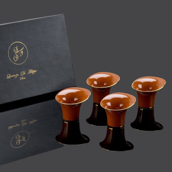 Coffret luxe quatre mises en bouche porcelaine caramel et or, Lorenza Di Filippo