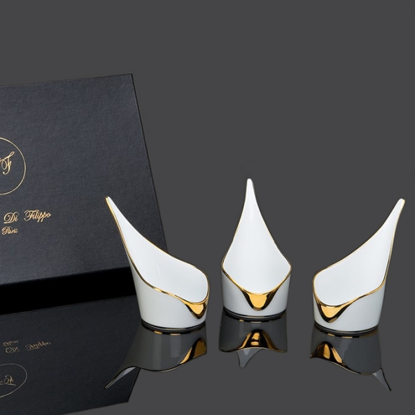 Coffret 3 amuses bouche Alizée, porcelaine blanche et or brillant, Lorenza Di Filippo