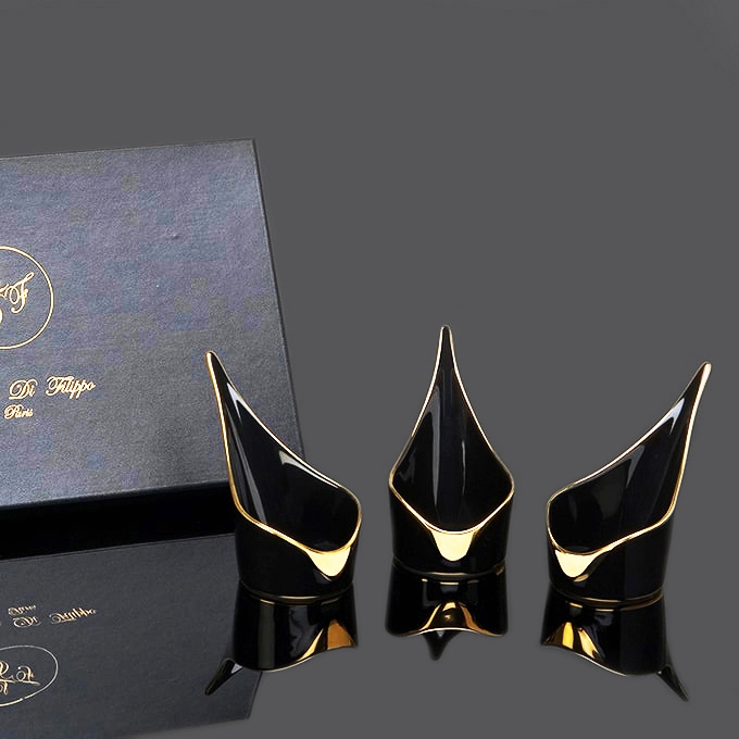 Coffret 3 amuses-bouche Alizée en porcelaine noire et or brillant, Lorenza Di Filippo