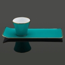 Tasse à café et plateau Café des Délices turquoise en porcelaine et or brillant