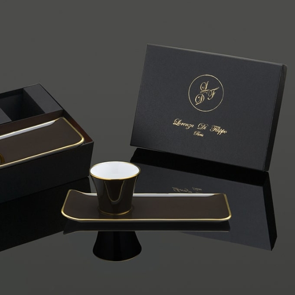 Coffret cadeau de luxe Lorenza Di Filippo, Café des Délices en porcelaine bronze et or