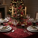 Tasses à café, Café des Délices bronze sur une table de fête élégante décorée de rouge et d’or