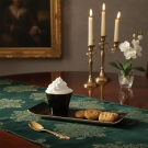 Tasse à café Café des Délices noir et or servie avec biscuits sur table raffinée