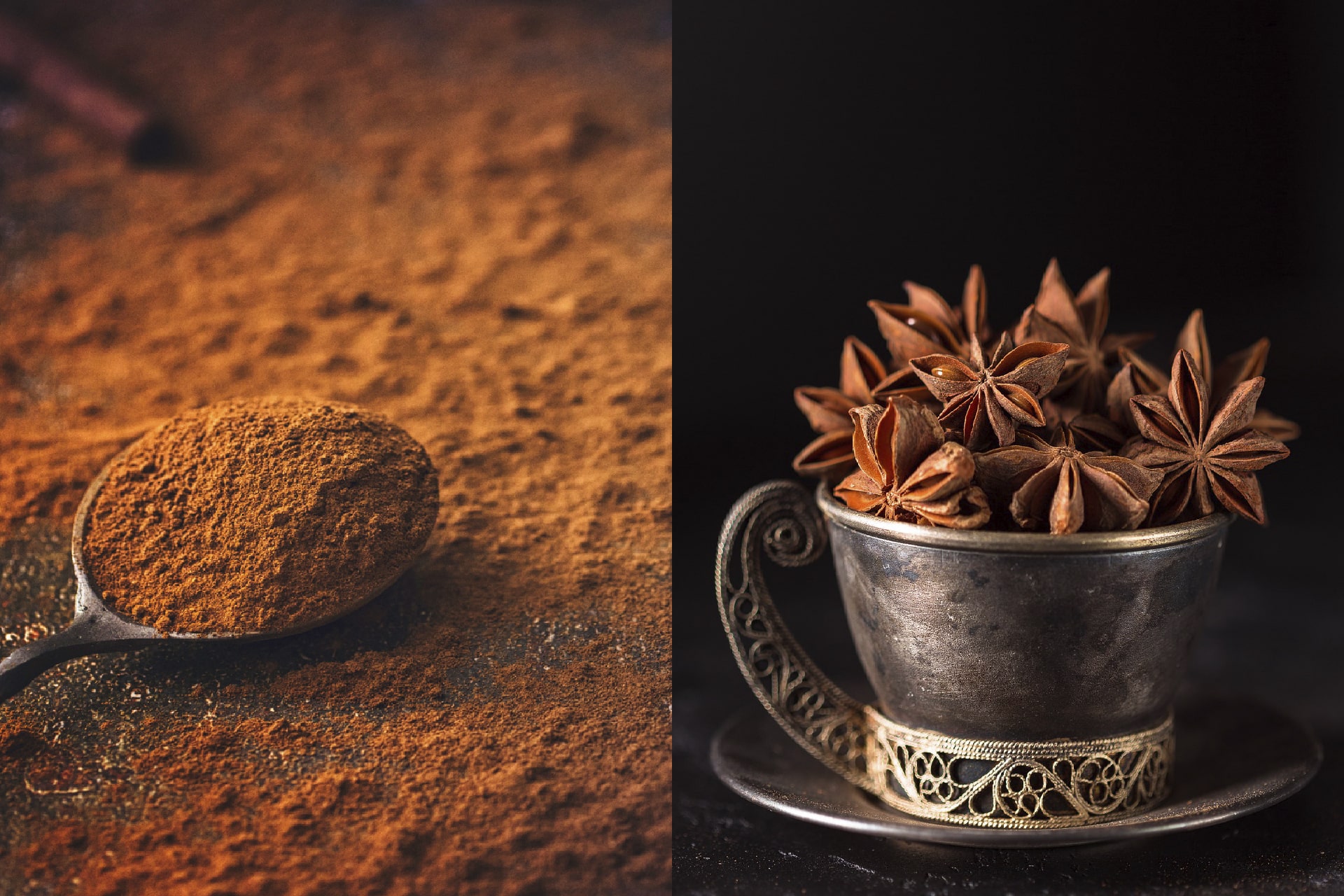 Épices en poudre et anis étoilé disposés dans une tasse en métal au style artisanal 