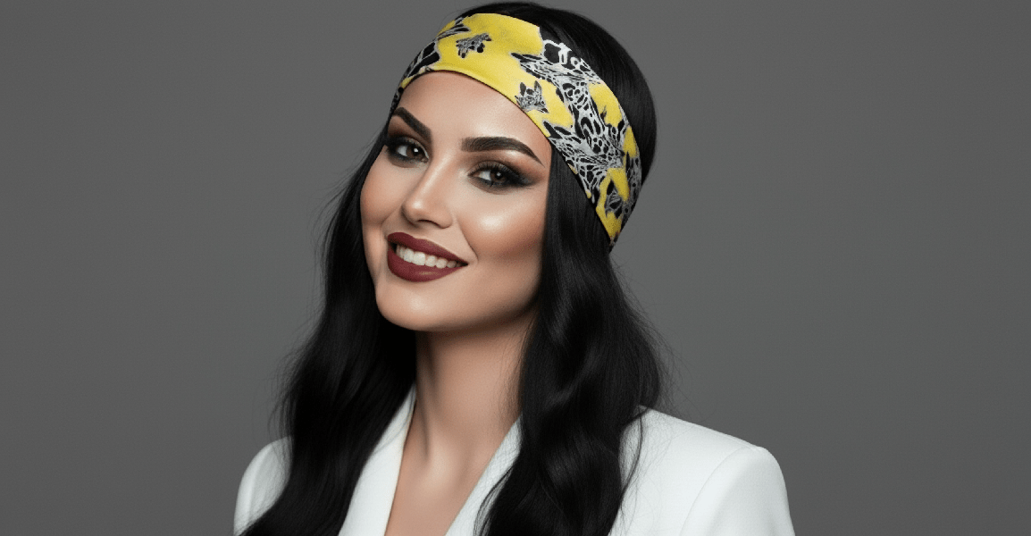 Carré de soie Krystal jaune et noir noué autour de la tête